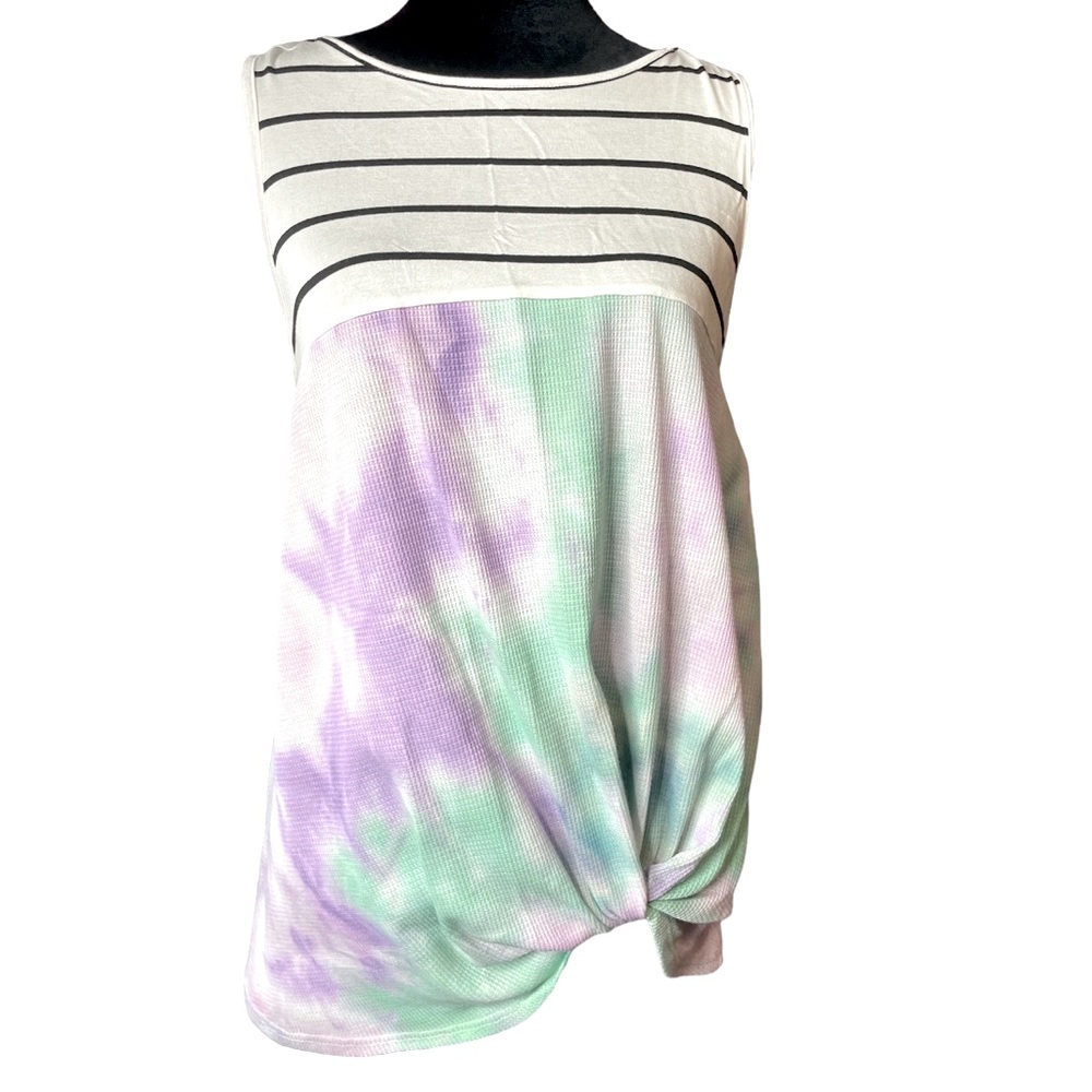 Cream n Sugar Tie Dye & Black Stripe Sleeveless Shirt- White, Purple, Green